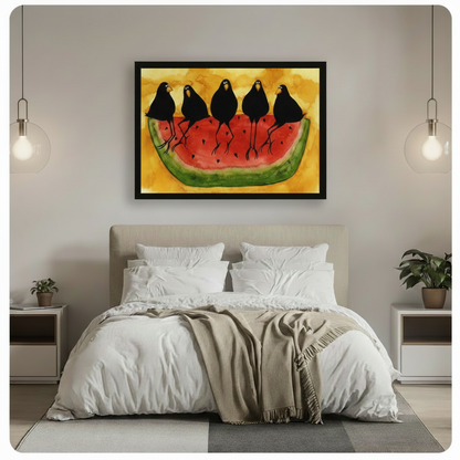 Black framed whimsical folk art five black crows on watermelon canvas art with five round cartoon black crows with yellow beaks and white eyes standing on a vivid red watermelon slice with a green rind and black seed details in bold watercolor brushwork on a warm golden yellow background, hung above a beige upholstered bed with crisp white linen bedding, a taupe throw blanket, white nightstands, potted plants, and glass globe pendant lights