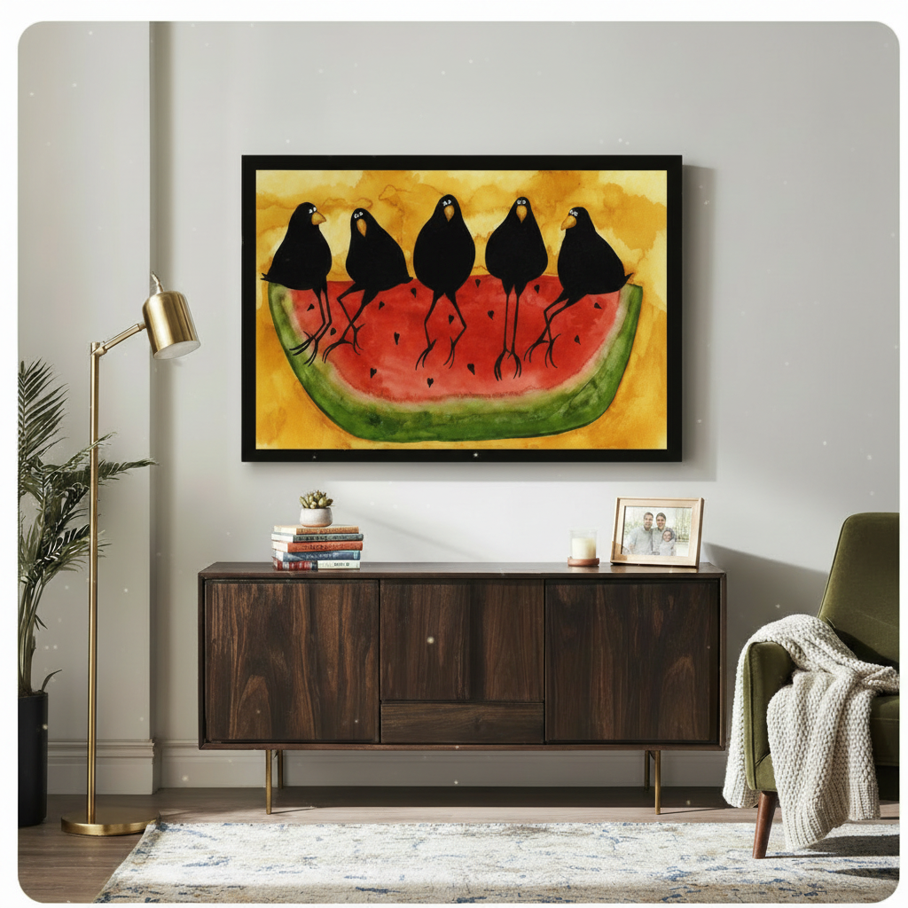 Black framed folk art five black crows on watermelon canvas art showing five plump cartoon black crows with yellow beaks perched on a large red watermelon slice with a green rind and black heart-shaped seeds in expressive watercolor style on a warm amber yellow background, hung above a dark walnut wood console cabinet with a gold floor lamp, potted palm, olive green armchair with a cream knit throw, stacked books, and a framed family photo