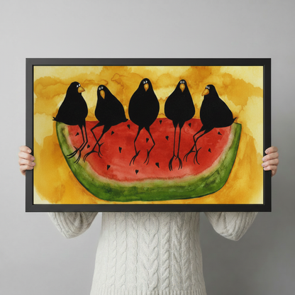 Person in a cream cable-knit sweater holding a large horizontal black framed folk art five black crows on watermelon canvas art print showing five chubby cartoon black crows with yellow beaks perched on a bold red watermelon slice with a green rind and black seeds in loose watercolor style on a warm golden yellow background against a light gray backdrop