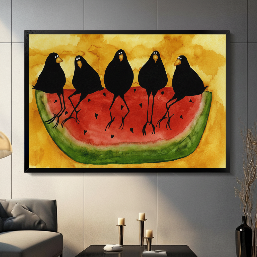 Black framed folk art five black crows on watermelon canvas art with five plump cartoon black crows standing side by side on a large red watermelon slice with black seeds in bold watercolor brushwork on a warm golden yellow background, displayed on a gray tile wall above a dark gray sofa with black candle holders and a black vase of dried botanicals