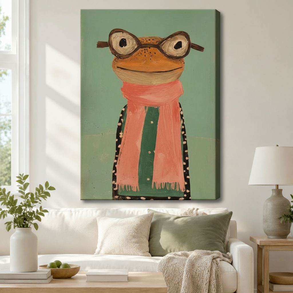 Stretched canvas wall art of a charming naive folk art frog portrait featuring a round orange-brown frog with oversized vintage round glasses and a loose pink-orange fringed scarf over a black polka-dot jacket with a cheerful expression in thick impasto texture on a soft mint green background, hung above a white sofa with sage green and cream pillows and a ceramic table lamp in a bright airy living room