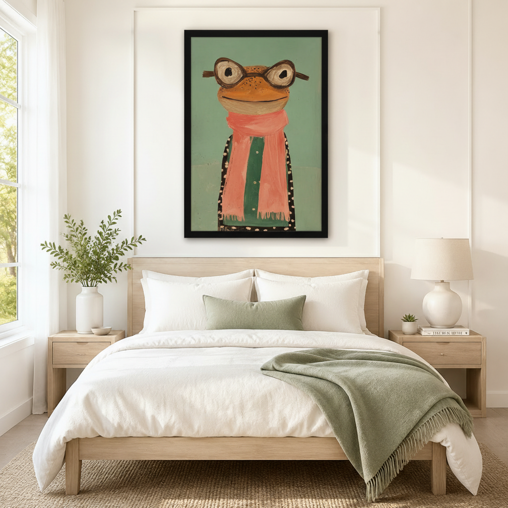 Black framed whimsical naive folk art frog portrait canvas art with a round orange-brown frog face wearing vintage brown round glasses and a fluffy pink-orange fringed scarf over a black polka-dot coat with a cheerful confident expression in distressed impasto oil texture on a soft mint green background, hung above a wooden bed frame in a sun-drenched Scandinavian bedroom with crisp white linen bedding, a sage green throw blanket, matching round nightstand lamps, and a white ceramic vase of greenery