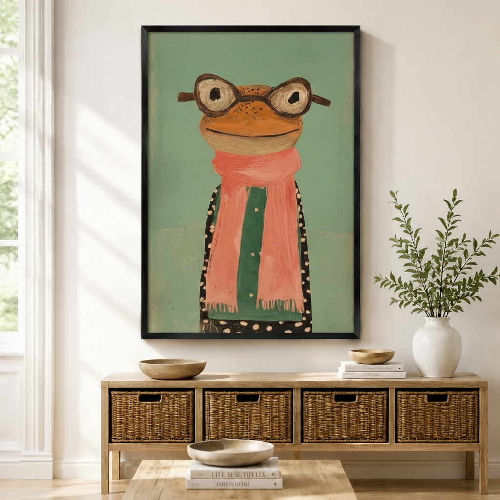 Black framed whimsical folk art frog portrait canvas art with a round orange-brown frog face wearing vintage brown round glasses and a fluffy pink-orange fringed scarf over a black polka-dot coat with a confident goofy expression on a soft mint green distressed background, displayed on a light wall above a wooden rattan storage bench with wooden bowls, stacked books, and a white ceramic vase of greenery