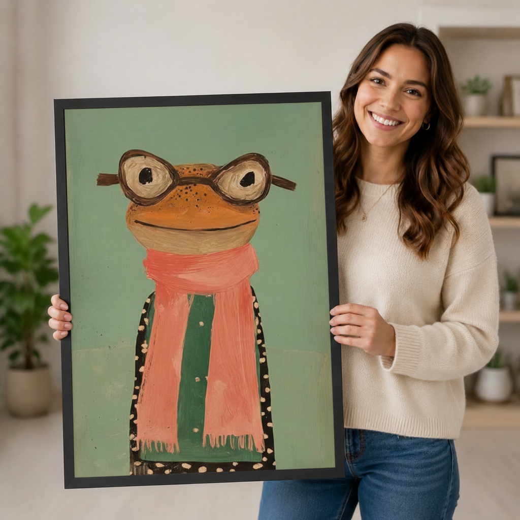 Smiling woman holding a large vertical black framed whimsical folk art frog portrait canvas art print showing a round orange-brown frog with vintage round glasses and a fluffy pink-orange fringed scarf over a black polka-dot jacket with a confident goofy expression in thick impasto texture on a soft mint green background in a bright plant-filled room