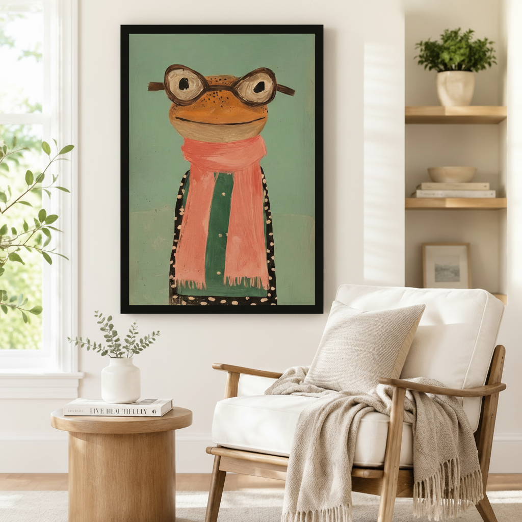 Black framed naive folk art frog portrait canvas art showing a wide-eyed orange-brown frog with round brown glasses and a voluminous pink-orange fringed scarf over a black polka-dot coat with a self-assured goofy expression in distressed impasto brushwork on a mint green background, displayed on a white wall beside a white wooden armchair with a cream fringed throw and a round wood side table with books