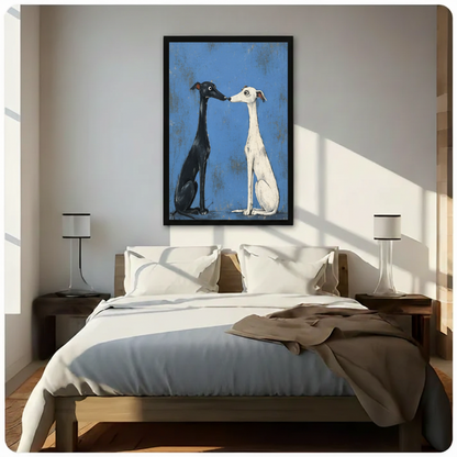 Folk art greyhound duo framed canvas print displayed in modern American bedrrom — black and white dog wall art