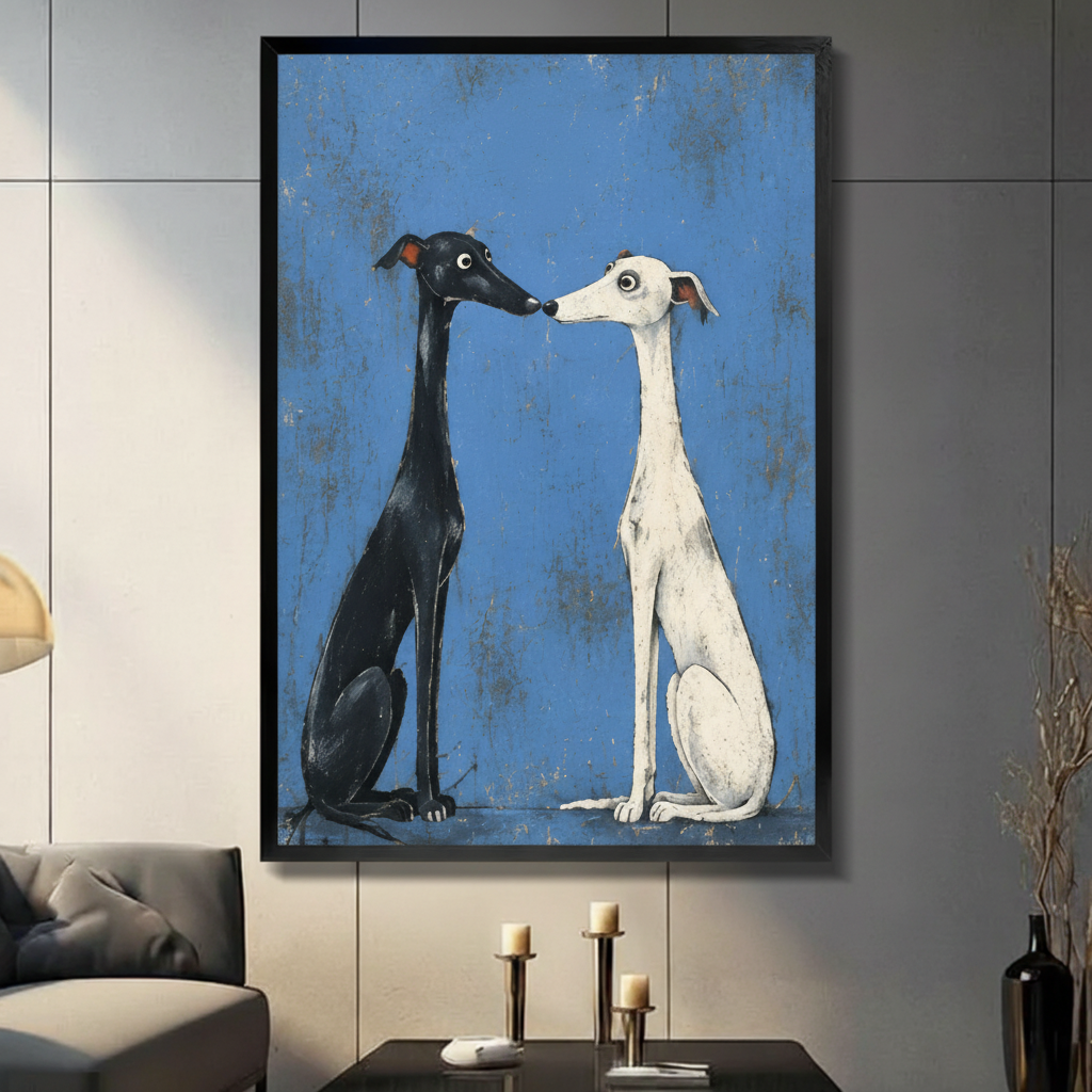 Folk art greyhound duo framed canvas wall art — black and white dog painting on distressed blue background