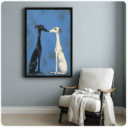 Black and white greyhound canvas wall art on gallery wall — folk art dog painting for eclectic home decor