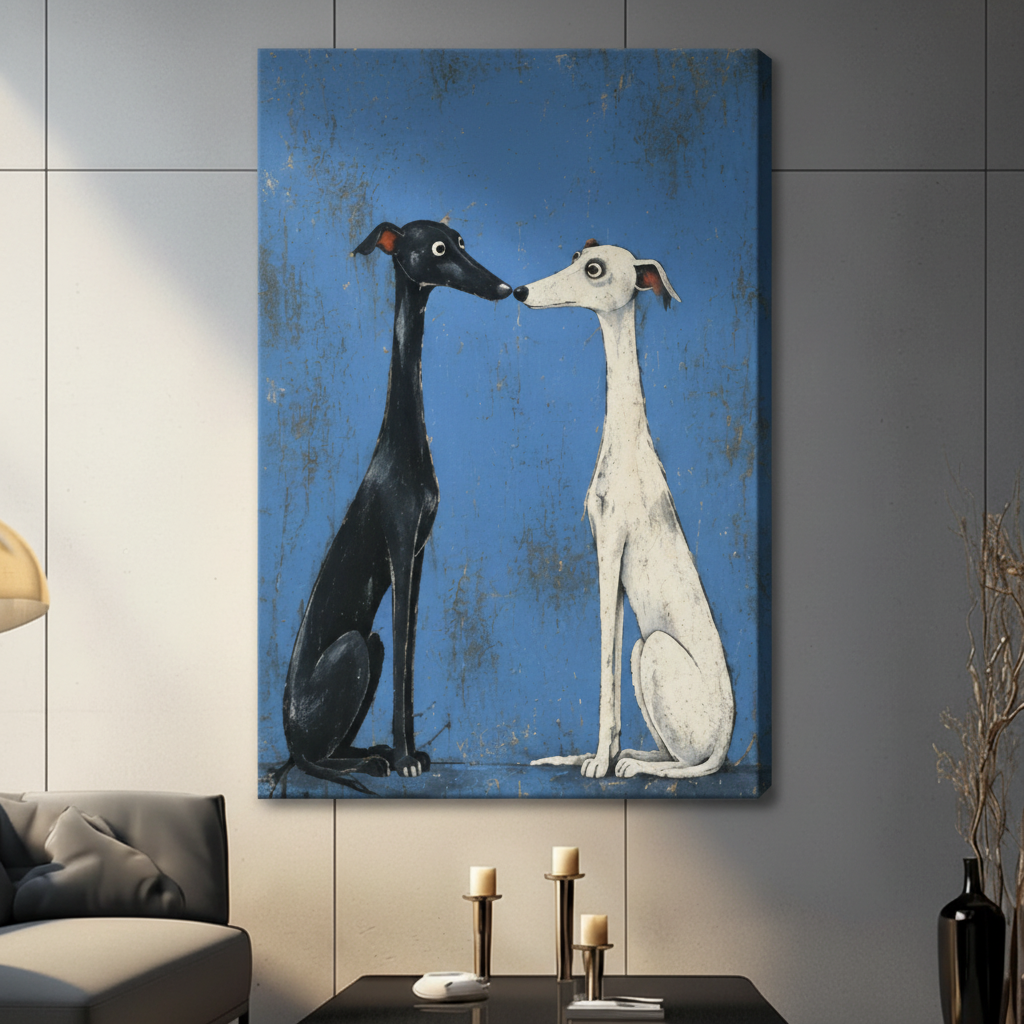 Stretched canvas greyhound duo folk art print — gallery-wrapped black and white sighthound painting