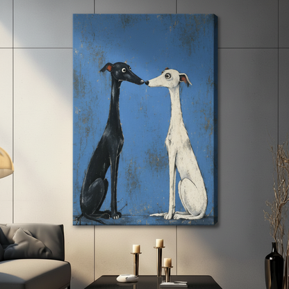 Stretched canvas greyhound duo folk art print — gallery-wrapped black and white sighthound painting