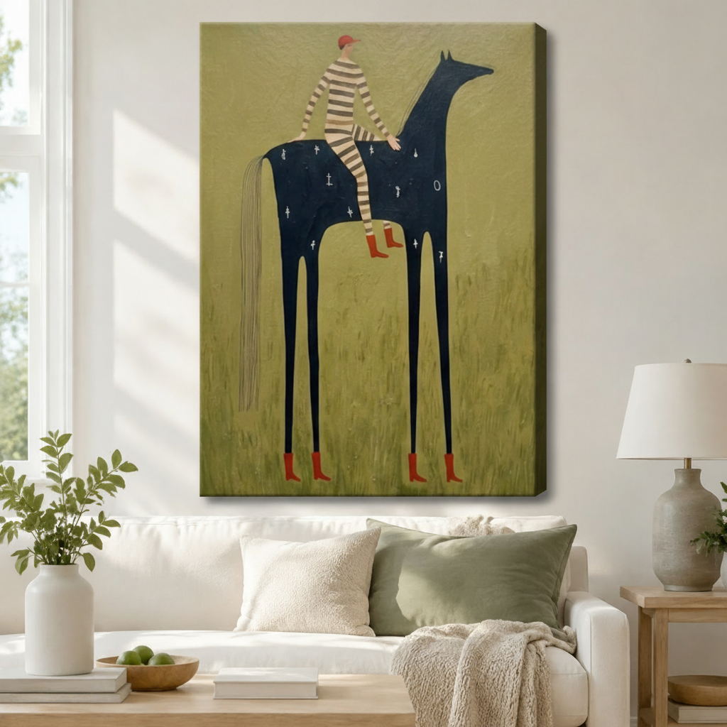 Stretched canvas wall art of a whimsical striped rider on a tall black horse with red boots in an olive green meadow, displayed above a white sofa with sage green cushions, potted greenery, and a ceramic table lamp in a bright living room