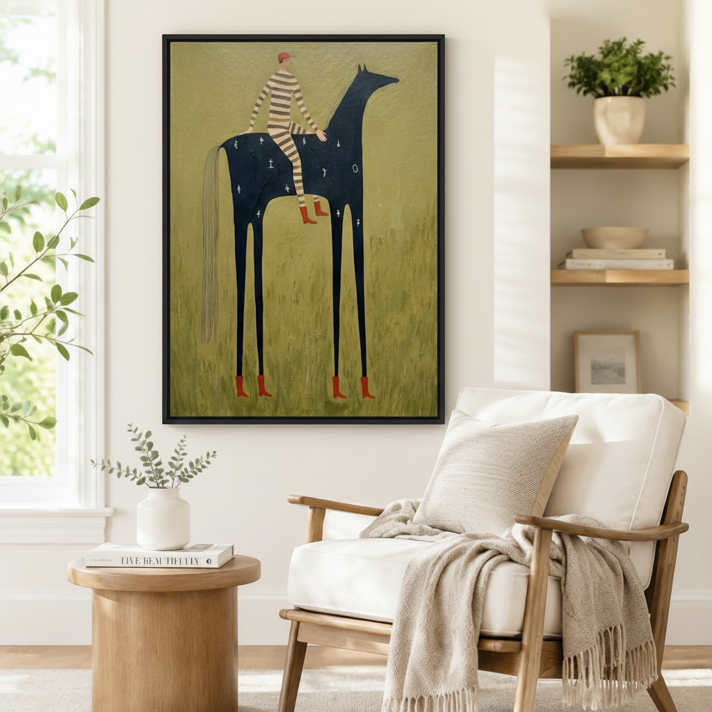 Large black framed surrealist striped rider on dark horse folk art wall print beside a white linen armchair with a natural fringed throw blanket, round solid wood side table with a coffee table book, and open shelving with potted greenery