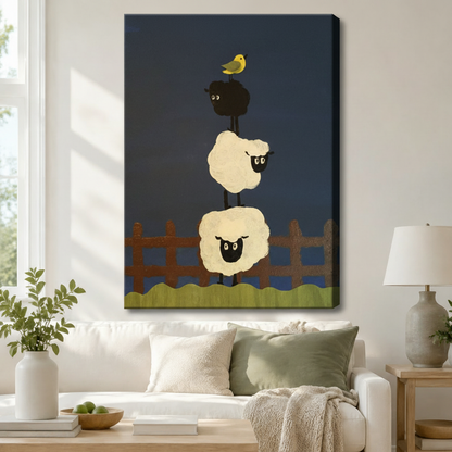 Stretched canvas wall art of a charming folk art stacked sheep and yellow bird print featuring two plump cream woolly sheep stacked vertically with a small round black sheep on top and a cheerful yellow bird perched on its back above a rustic brown picket fence and a wavy green meadow strip on a deep navy blue background, hung above a white sofa with sage green and cream pillows and a white ceramic table lamp in a bright airy living room