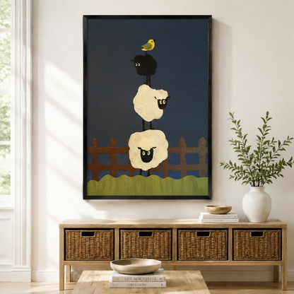 Black framed whimsical folk art stacked sheep and bird canvas art with two round cream woolly sheep balanced on top of each other and a small black sheep on top with a bright yellow bird perched on its back above a rustic brown wooden fence and a green grass strip on a deep navy blue background, displayed on a light wall above a wooden rattan storage bench with wooden bowls, stacked books, and a white ceramic vase of greenery
