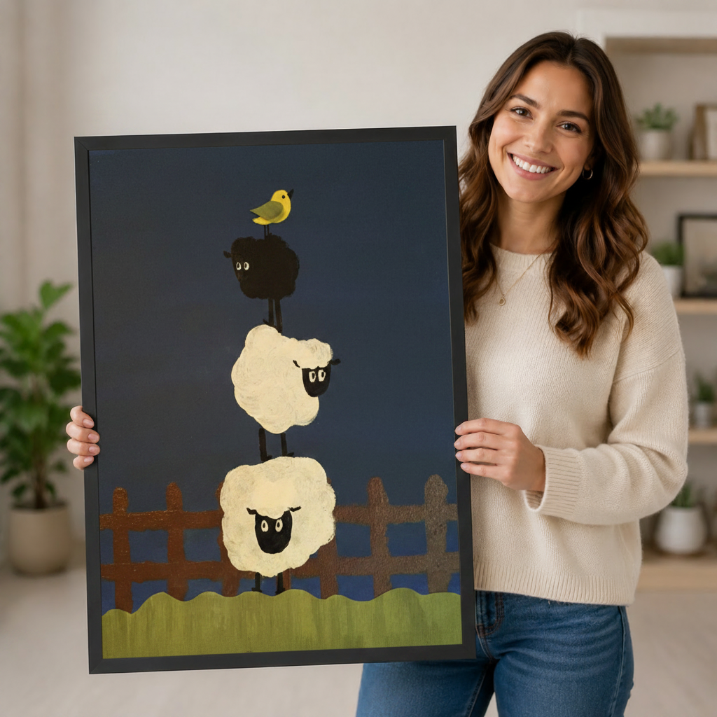 Smiling woman in a cream sweater holding a large vertical black framed whimsical folk art stacked sheep and yellow bird canvas art print showing two plump cream woolly sheep stacked vertically with a small round black sheep on top and a cheerful yellow bird perched on its back above a rustic brown picket fence and a wavy green meadow on a deep navy blue background in a bright plant-filled room
