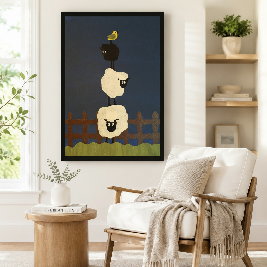 Black framed folk art stacked sheep and bird canvas art showing two round cream woolly sheep stacked on top of each other with a small black sheep balanced on top and a bright yellow bird sitting on its back above a rustic brown wooden fence and a green grass strip on a deep navy background, displayed on a white wall beside a white wooden armchair with a cream fringed throw and a round wood side table with stacked books