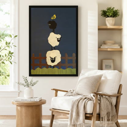 Black framed folk art stacked sheep and bird canvas art showing two round cream woolly sheep stacked on top of each other with a small black sheep balanced on top and a bright yellow bird sitting on its back above a rustic brown wooden fence and a green grass strip on a deep navy background, displayed on a white wall beside a white wooden armchair with a cream fringed throw and a round wood side table with stacked books