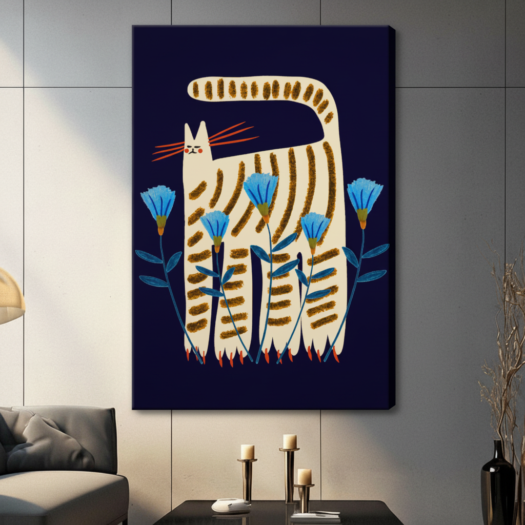 Stretched canvas folk art cat wall art — elongated cream striped tabby among vivid blue wildflowers on navy background, gallery-wrapped frameless print in contemporary living room
