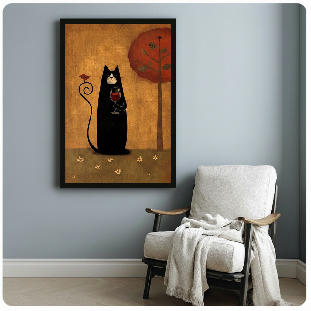 Black framed folk art black cat with red wine and small bird on tail canvas print beside wooden armchair on blue-grey wall - charming whimsical black cat wine oil painting wall art with warm golden amber background and red tree for reading nook decor