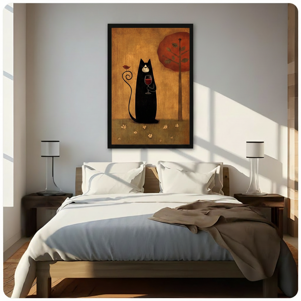 Framed folk art black cat holding red wine glass with small bird on curled tail canvas print above wooden bed in sunlit minimalist bedroom - whimsical black cat wine and red autumn tree oil painting wall art with warm golden amber background for contemporary bedroom home decor