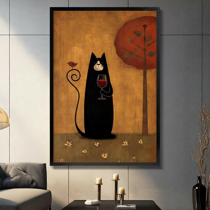 Framed folk art black cat holding red wine glass with small bird on curled tail canvas print on dark grey wall in modern living room - whimsical black cat wine and red tree oil painting wall art with warm golden amber background for contemporary home decor