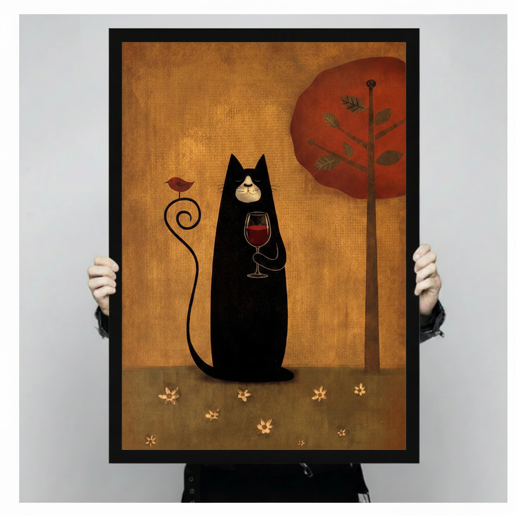 Person holding large framed folk art black cat holding red wine glass with bird perched on curled tail canvas print with both hands - close up view of whimsical black cat wine oil painting wall art with warm golden amber background red tree and black frame finish