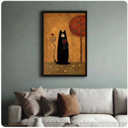 Framed folk art black cat holding red wine glass with bird on curled tail canvas print above cream sofa on blue-grey wall - whimsical black cat wine and autumn red tree oil painting wall art with golden amber background for stylish living room decor