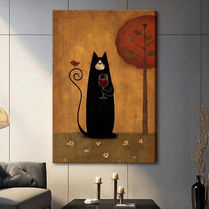 Unframed folk art black cat with red wine glass and bird on tail canvas print on dark grey wall in contemporary living room - charming black cat wine oil painting wall art with warm amber golden background and red autumn tree for modern interior decor