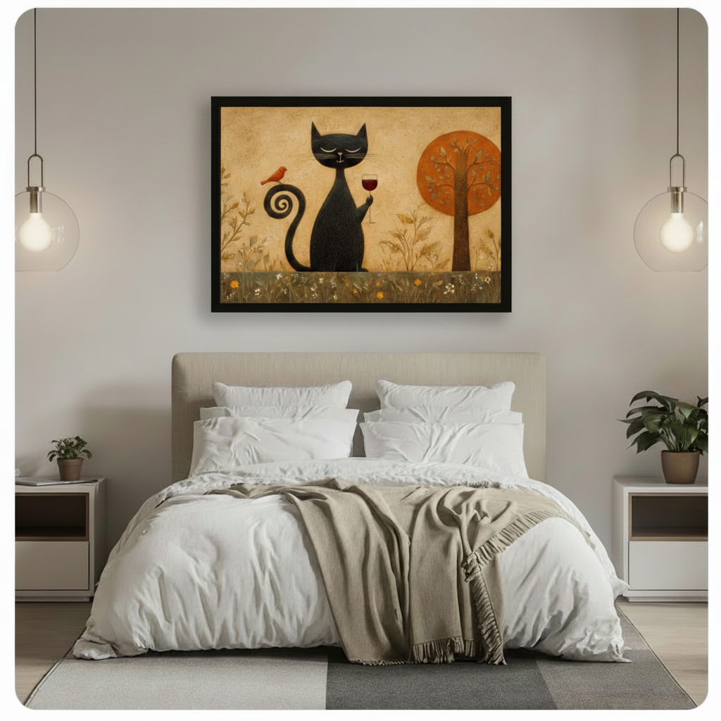 Framed folk art naive style oil painting smiling black cat holding red wine glass with spiral tail and orange cardinal bird perched on it beside round orange tree on aged beige textured background canvas print above white linen bed in minimalist bedroom with glass globe pendant lights - whimsical black cat wine lover wall art for contemporary bedroom decor