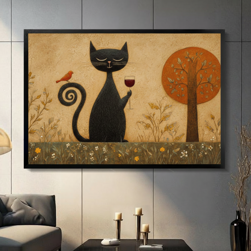 Framed folk art naive style oil painting smiling black cat holding red wine glass with spiral tail and orange cardinal bird perched on it beside round orange tree on aged beige textured background canvas print on dark grey tile wall in modern living room - whimsical black cat wine lover wall art for contemporary home decor