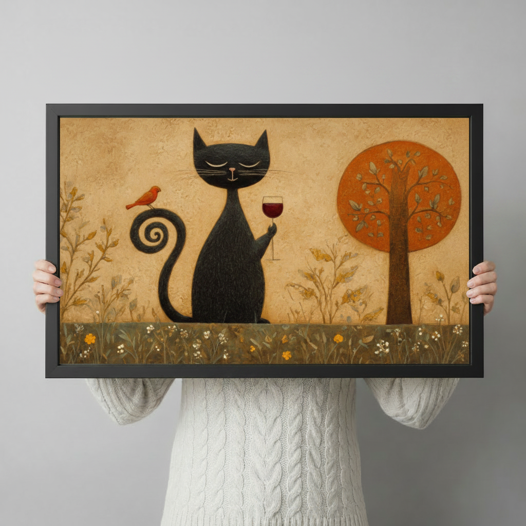 Person holding large framed folk art naive style oil painting smiling black cat holding red wine glass with spiral tail and orange cardinal bird perched on it beside round orange tree on aged beige textured background canvas print with both hands - close up view of whimsical black cat wine lover wall art with black frame finish