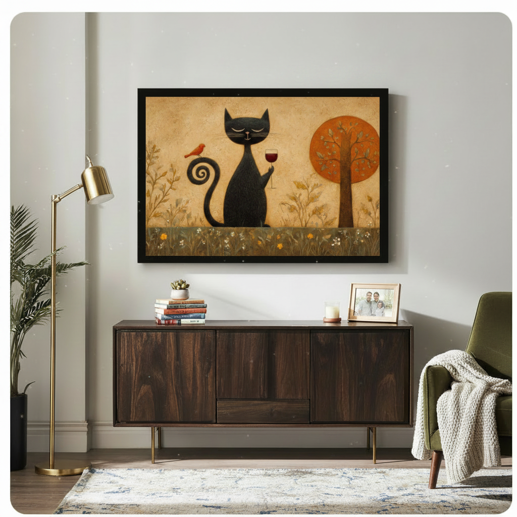Framed folk art naive style oil painting contented black cat raising red wine glass with curling spiral tail and small orange robin perched on it next to autumn orange tree on distressed cream textured background canvas print above dark walnut sideboard on light grey wall with brass floor lamp and olive green velvet armchair - charming black cat wine lover wall art for stylish mid-century modern living room decor