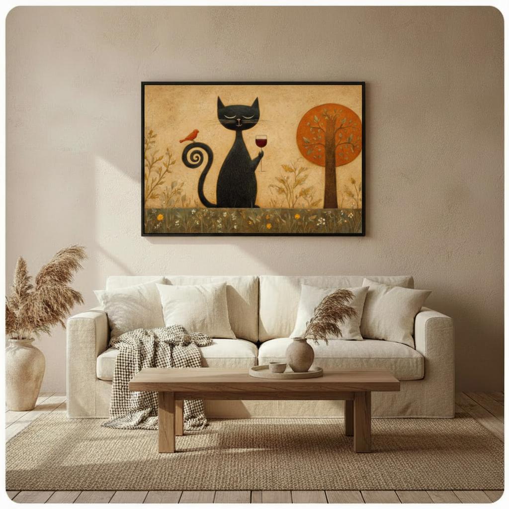 Framed folk art naive style oil painting contented black cat raising red wine glass with curling spiral tail and small orange robin perched on it next to autumn orange tree on distressed cream textured background canvas print above cream linen sofa on warm beige wall with dried pampas grass decor - charming black cat wine lover wall art for cozy Scandinavian living room decor