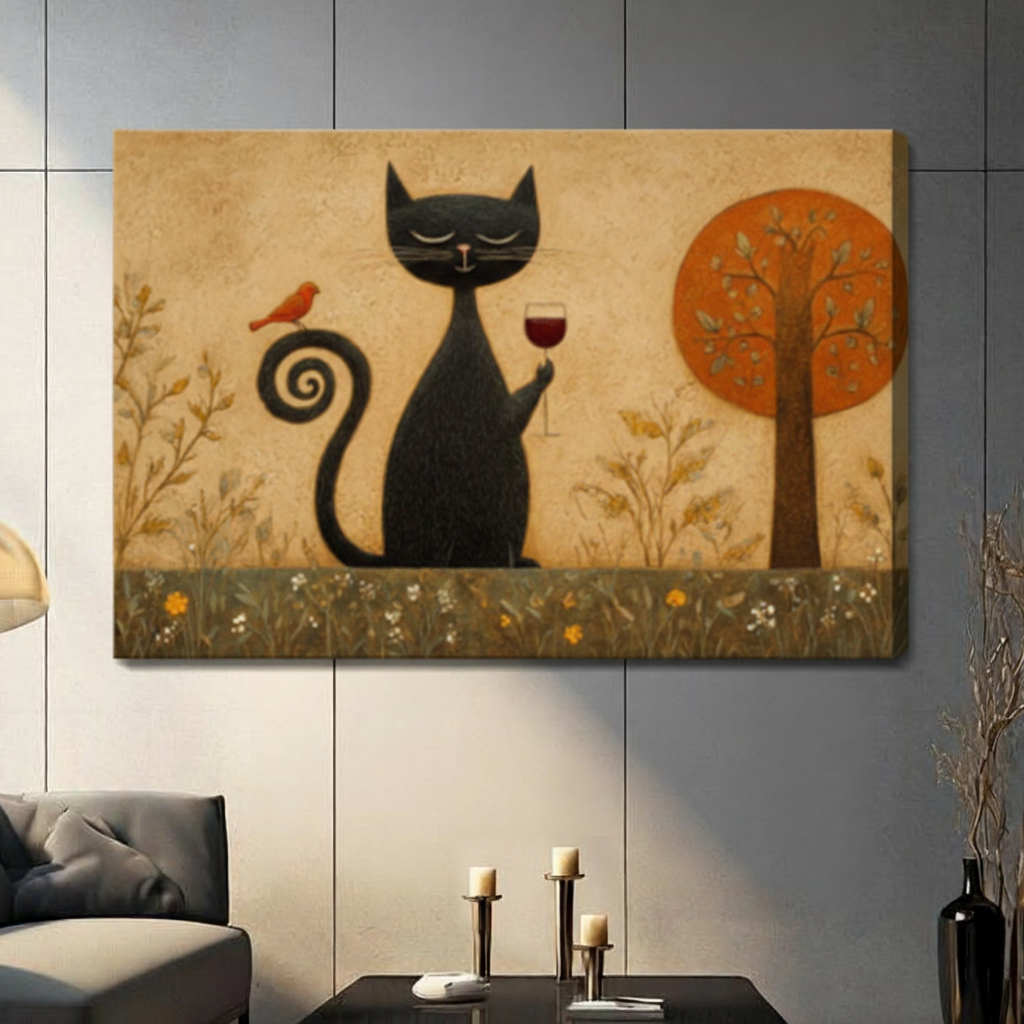 Unframed folk art naive style oil painting contented black cat raising red wine glass with curling spiral tail and small orange robin perched on it next to autumn orange tree on distressed cream textured background canvas print on dark grey tile wall in contemporary living room - charming black cat wine lover wall art for modern interior decor