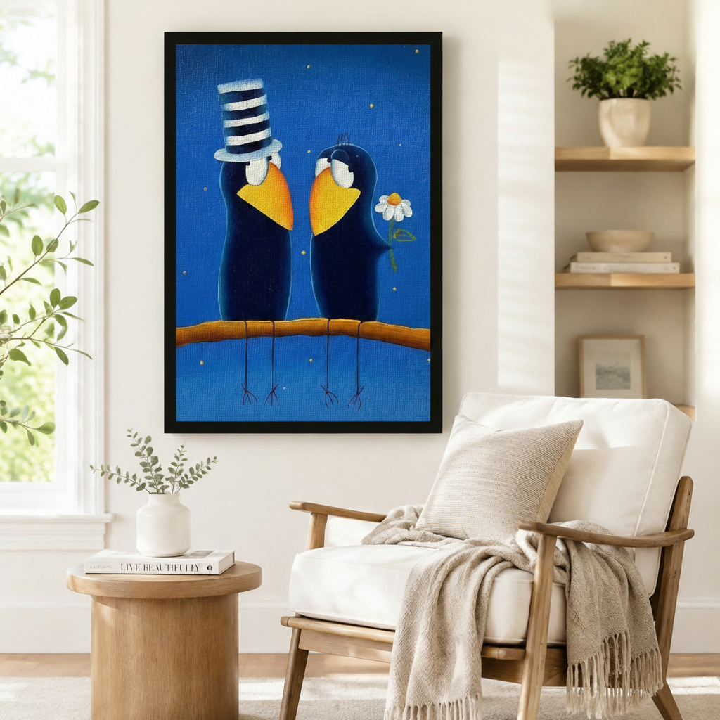 Smiling woman a cream sweater holding a large vertical black framed whimsical folk art romantic crow couple canvas art print showing two plump dark navy blue cartoon crows on a warm amber branch facing each other, one with a tall black and white striped stovepipe top hat and the other holding a white daisy, both with golden yellow beaks and white eye rings on a deep cobalt blue starry night background with scattered gold sparkle dots in a bright plant-filled room