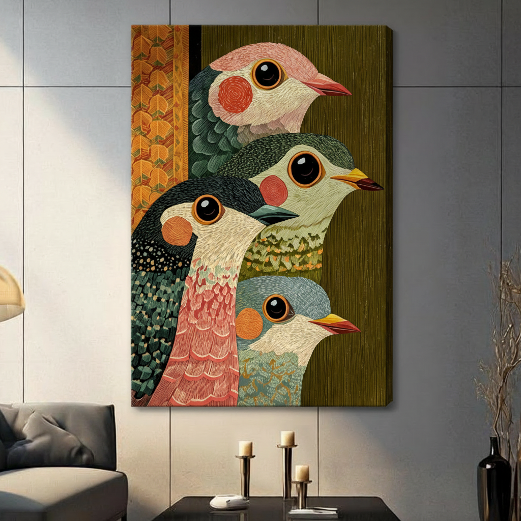 Folk art textile illustration of four charming round-eyed birds stacked closely together featuring pink white green black and blue-gray plumage with rosy cheek patches and yellow beaks next to a vertical orange honeycomb pattern strip on an olive green wood-grain background playful bird wall art stretched canvas in a living room with dark gray panel wall dark sofa and black vase