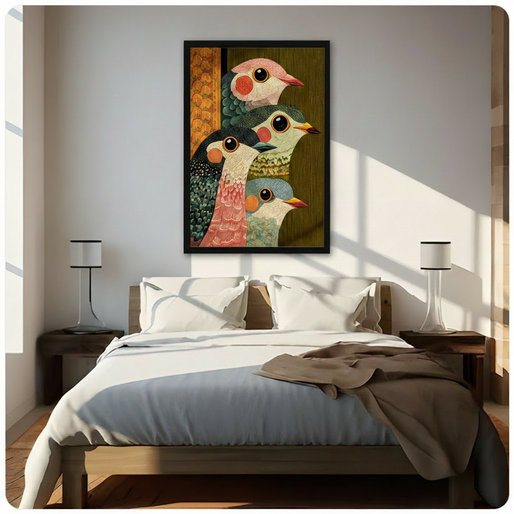 Folk art textile illustration with embroidery texture of four round-eyed birds stacked in a close portrait composition including a pink-crowned white-faced bird a dark green-headed bird a black-headed bird with pink scaled breast and a blue-gray bird beside a vertical orange honeycomb decorative stripe against an olive green wood-grain background charming bird wall art framed print above a bedroom with white linen bedding dark wood bed frame and white table lamps