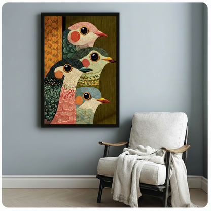 Folk art embroidery-style illustration of four wide-eyed birds layered in a tight vertical stack with varied plumage including pink crown green neck black head and blue-gray head beside an orange fish-scale decorative panel on an olive green textured wood-grain background whimsical bird wall art framed print beside a white linen armchair on a blue gray wall