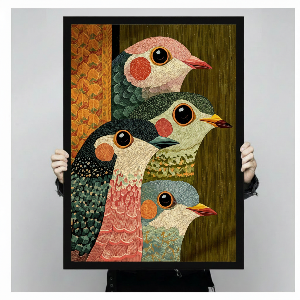 Folk art textile illustration with embroidery texture of four round-eyed birds in a compact vertical stack with varied plumage in pink green black and blue-gray beside a vertical orange honeycomb decorative strip on an olive green wood-grain background charming bird wall art framed print held against a light gray background