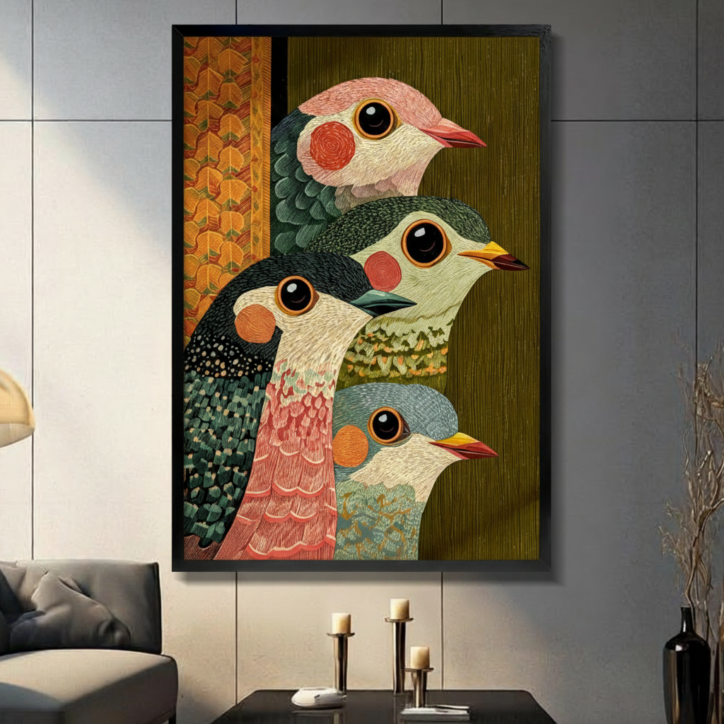 Folk art embroidery-textured illustration of four expressive birds in a stacked layered composition with distinctive feather patterns in pink green black and blue-gray tones with orange cheek spots and a decorative orange scale-pattern vertical border against an olive wood-grain background bold bird wall art framed print in a living room with dark gray panel wall dark sofa and black vase