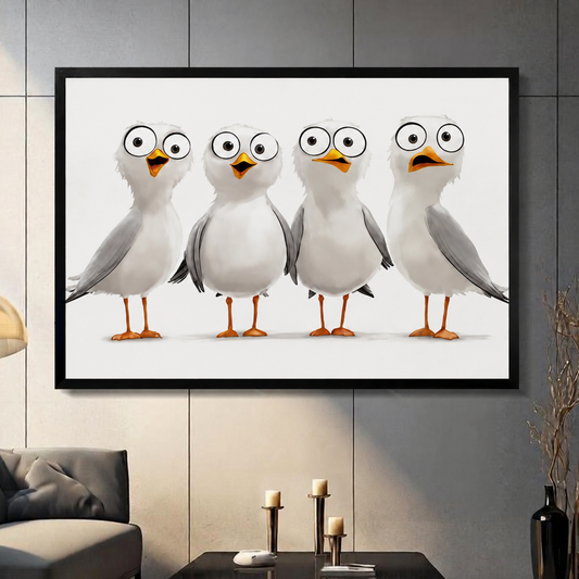 Four funny cartoon seagulls with oversized googly eyes standing in a row, black framed print hung on dark panel wall above console table in modern living room