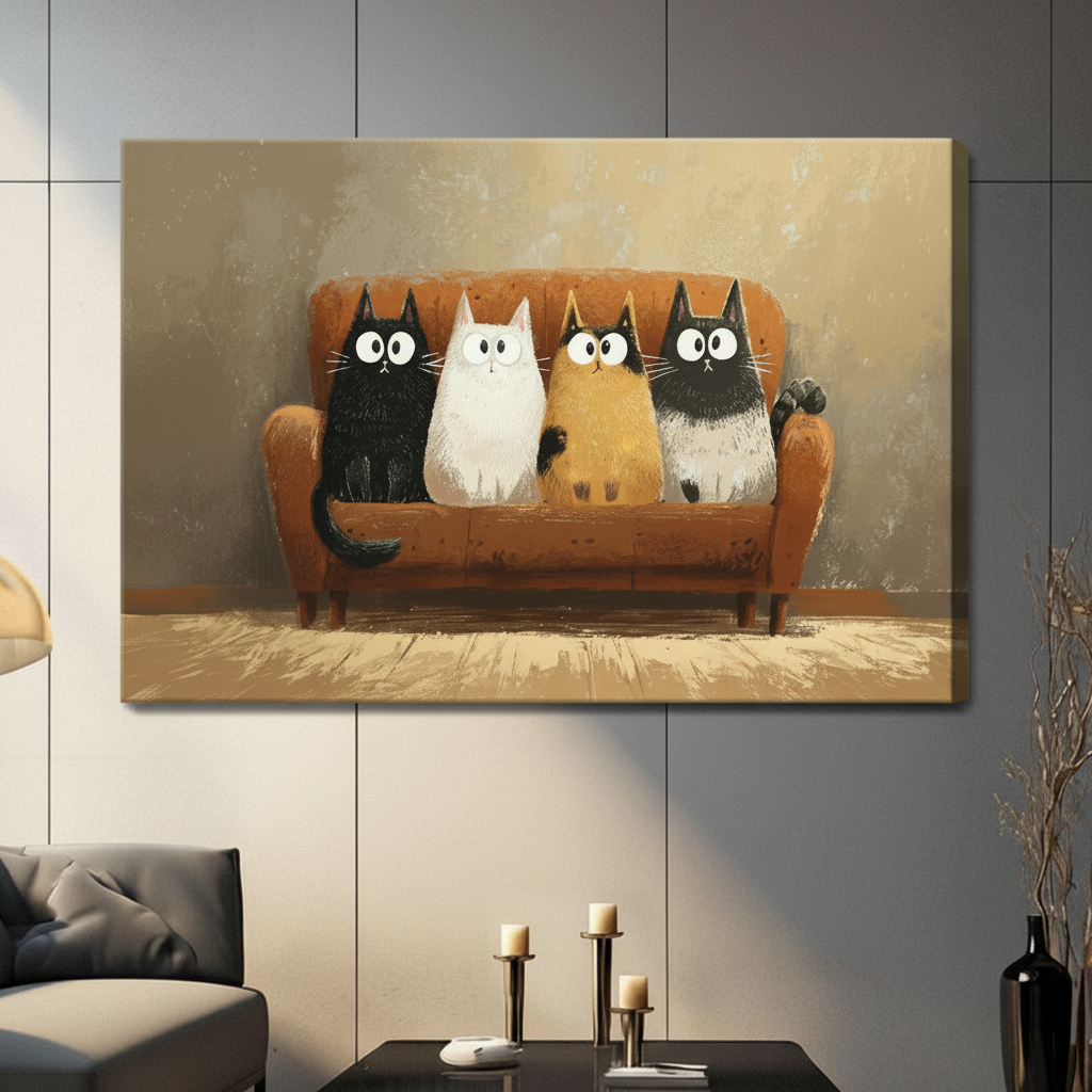 Gallery wrap canvas featuring four wide-eyed cartoon cats squeezed together on a warm orange couch, hung on a grey wall in a contemporary living room
