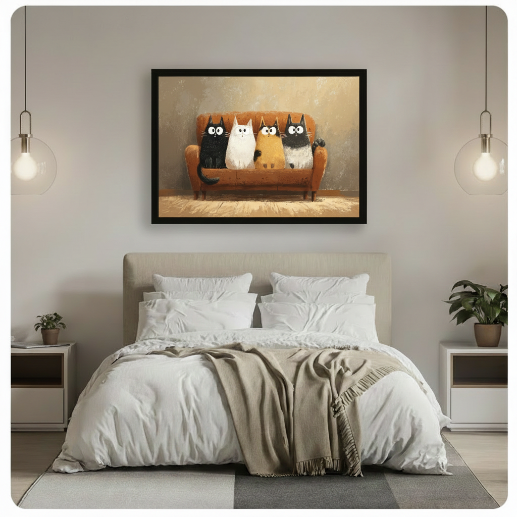 Framed funny cat wall art hung above a white linen bed in a bright minimalist bedroom, depicting four cartoon cats with big eyes on an orange couch
