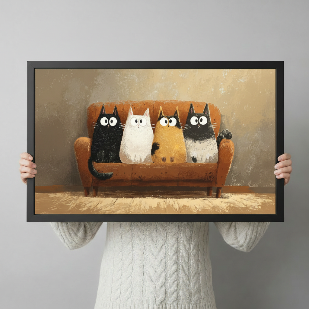 Hand-held close-up of a black-framed humorous cat wall art print showing four expressive cartoon cats sitting side by side on an orange sofa