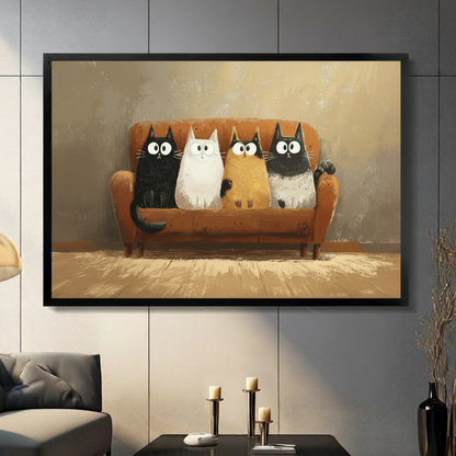 Framed wall art print of four funny cartoon cats with big eyes sitting on an orange velvet sofa, displayed in a moody grey-tiled living room