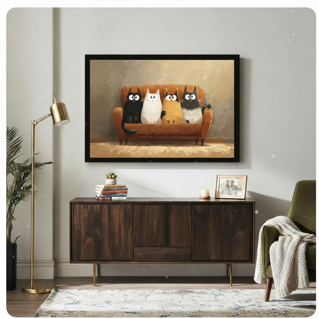 Black-framed cartoon cat art print hung above a mid-century walnut sideboard in a light-filled living room, featuring four quirky cats on an orange velvet sofa