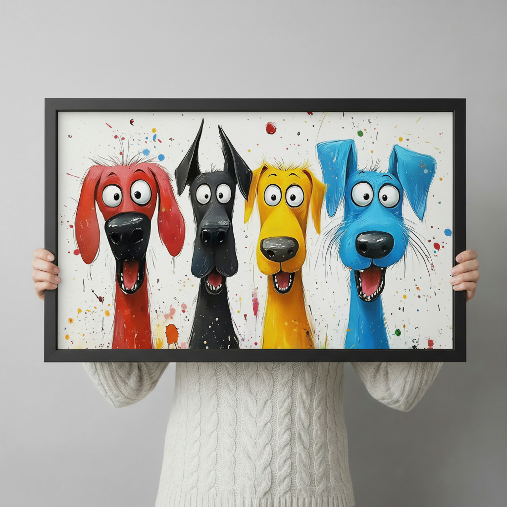 Person holding large black framed four colorful cartoon dogs red black yellow blue paint splatter canvas print with both hands — close up view of humorous dog wall art with vibrant pop art style