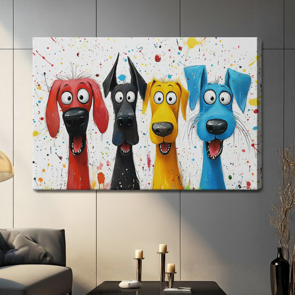 Unframed four colorful cartoon dogs red black yellow blue with paint splatter canvas print on dark grey tile wall above modern living room sofa — whimsical funny dog wall art for contemporary home decor