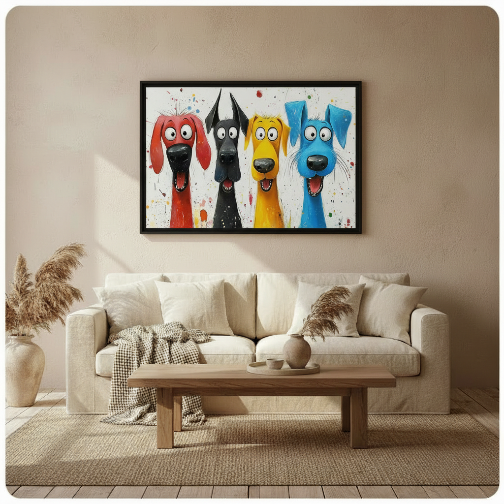 Black framed four colorful cartoon dogs red black yellow blue with paint splatter canvas print above cream sofa on warm beige wall — cheerful funny dog wall art for bright cozy living room decor