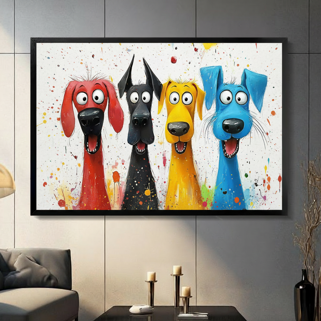 Black framed four colorful cartoon dogs red black yellow blue full body view with multicolor paint splatter canvas print on dark grey tile wall — bold humorous dog wall art for statement living room decor